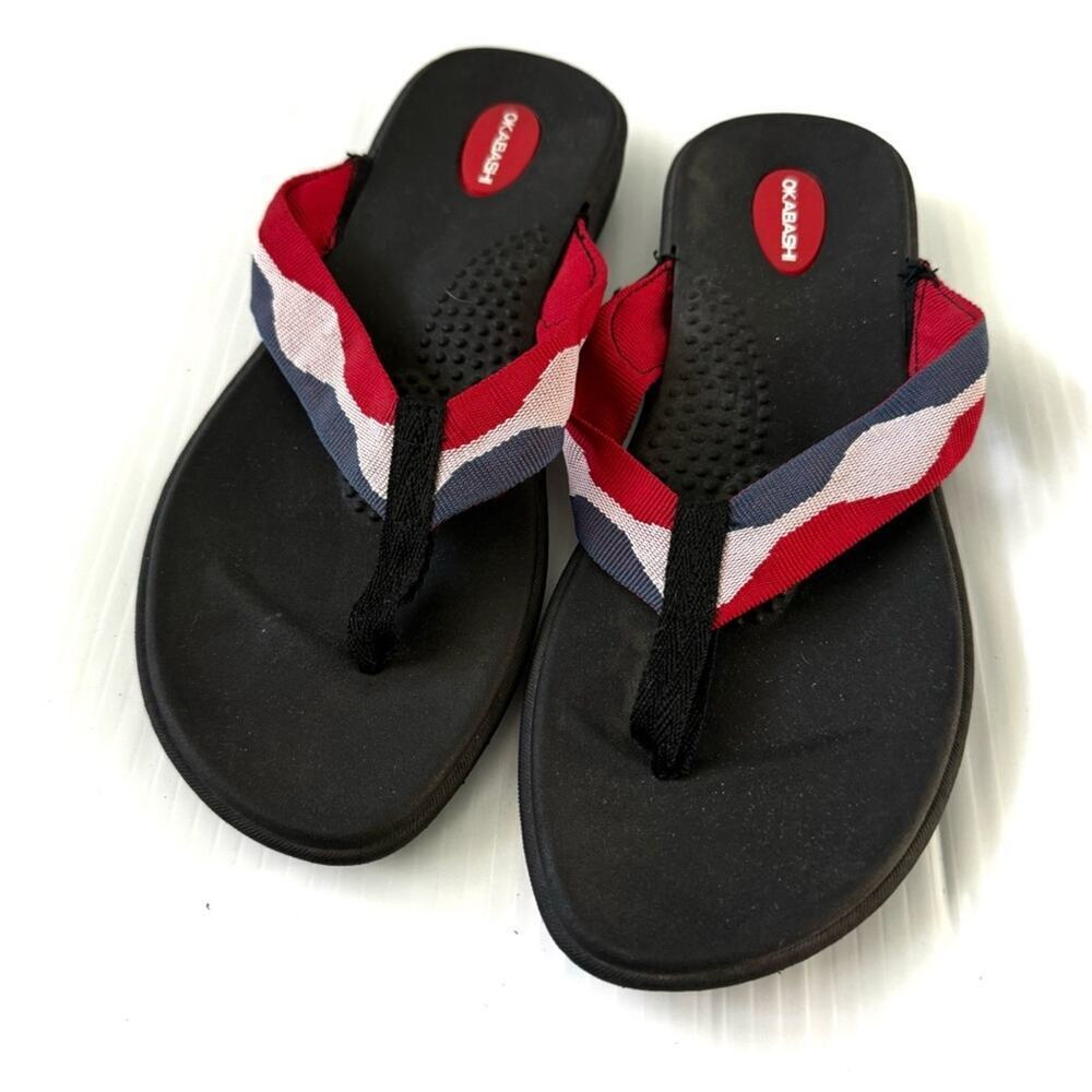 Okabashi red white and blue patriotic sandals flip flop thongs size med/lg